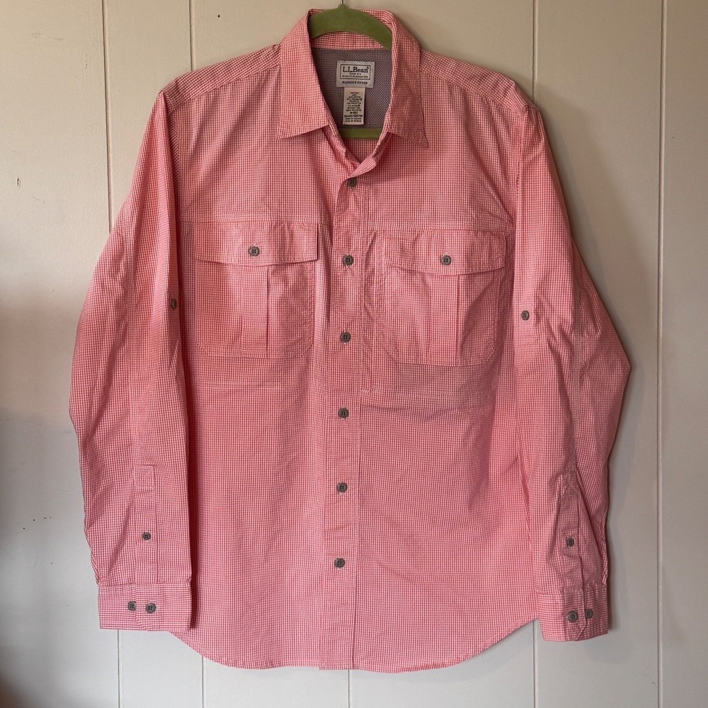 LL Bean Mens Slightly Fitted Gingham Coolmax Roll Tab Sleeve Shirt Red White‎ M